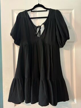 Women's Black Tie-Back Mini Dress with Puff Sleeves